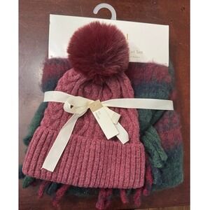 Natural Reflections Red Green Plaid Fringe Scarf and Pom Beanie Cuff Hat Set NEW